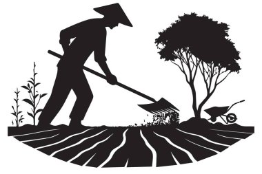 Siluet Çiftçisi Hoe Illustration Vektör Sanatıyla Tarlada Çalışıyor