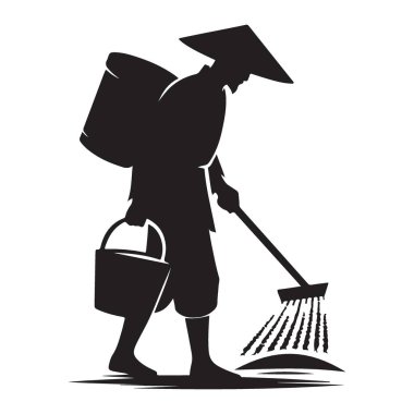 Siluet Asyalı Çiftçi Geleneksel Alet Resimleri ile Toprak Toplama