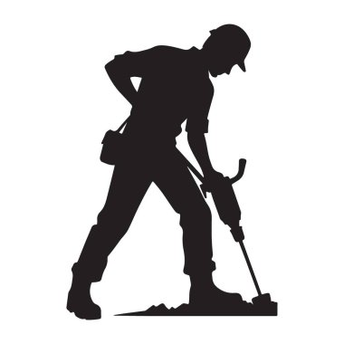 İnşaat İşçisi Silueti, Kaya matkabını Kırma Çizimi İşliyor