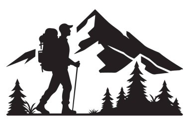Yürüyüş macerası silüeti vektör illüstrasyon adam dağ manzarası yürüyüş