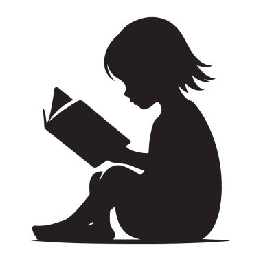 Siluet Şirin Kız Kitap Okuma Çizim Vektörü Grafik Sanatı
