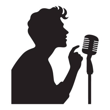 Siluet Şarkıcısı Vintage Mikrofon Vektör İllüstrasyon Tasarımı Yapıyor