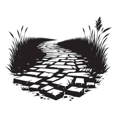 Çimen Vektörü İllüstrasyon Doğa Sahnesi Taştan Yol Silueti