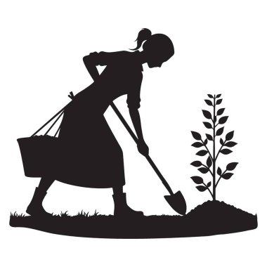 Siluet Kadın Ağaç Diken Çevre Koruma Projesi Vektörü