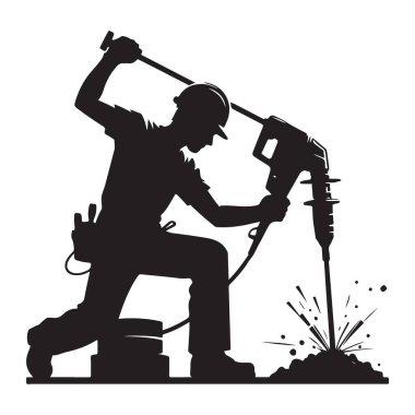 İnşaat İşçisi Silueti Güç ile Kaya matkabı Tamiri Kullanılıyor