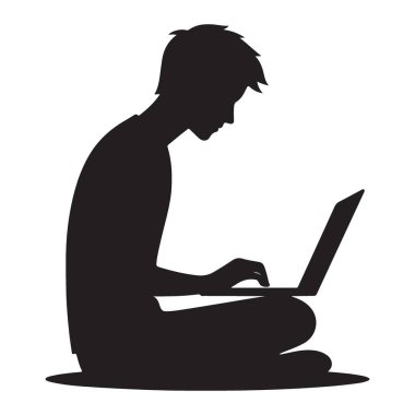 Eğitim makaleleri için dizüstü bilgisayar görüntüsü kullanan öğrencilerin silueti