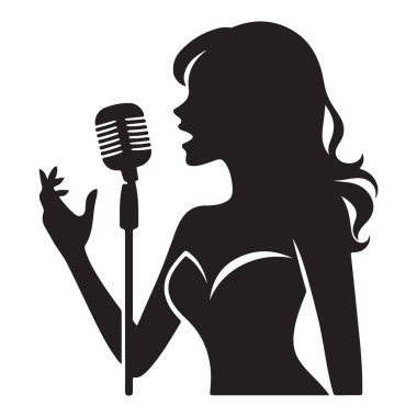 Klasik Mikrofonlu Zarif Şarkı Söyleyen Kadın Siluet Vektör Sanatı