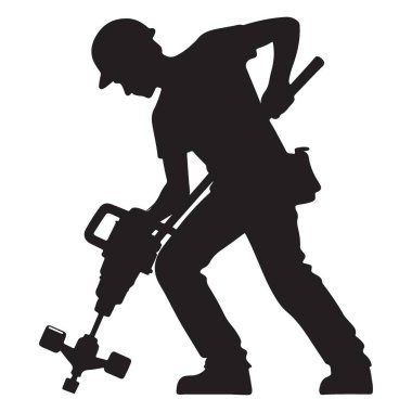 Yıkım çalışması için kaya matkabını kullanan inşaat işçisi silueti çizimi