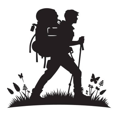 Sırt çantalı Siluet Gezgini Yürüyüş Çubuğu Doğası Çizimi