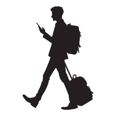 Gezgin silueti telefon iş seyahatini kullanarak bavulla yürüyor.