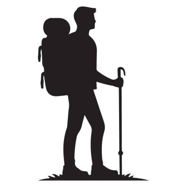 Siluet sırt çantalı yürüyüşçü baston vektörüyle doğa gezisi