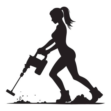 Matkap Vector Illustration kullanan inşaat işçisi kadın silueti