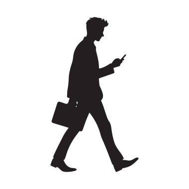 İş adamının silueti çanta taşıyıcısı ile telefon yürüyüşü yapıyor.