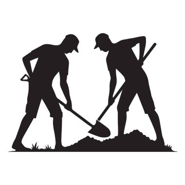 Kürekle kazan iki adamın silueti. Vektör çizimi.