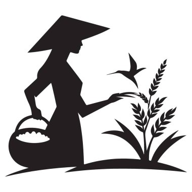 El illüstrasyonunda sepeti olan Asyalı çiftçinin silueti.