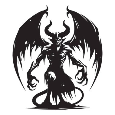 Boynuzları ve kanatları olan etkileyici iblis silueti vektör çizimi