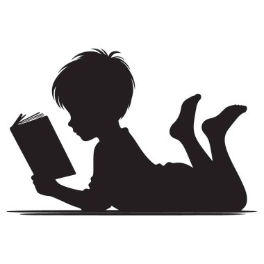 Kitap vektörü sanat çizimi tasarımı okuyan çocuk silueti