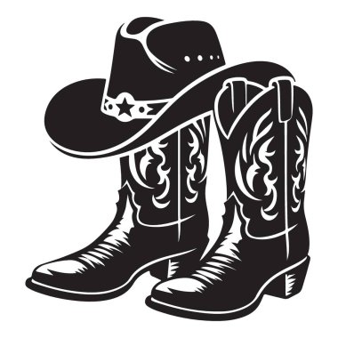 Kovboy Çizmeleri ve Şapka Biçimli Siluet Vektör İllüstrasyonu