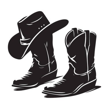 Vektör Kovboy Çizmeleri ve Şapka İllüstrasyonu Batı Moda Simgesi
