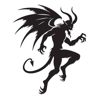 Kanatları ve boynuzları olan siluet iblis korkunç mitolojik yaratık taşıyıcısı