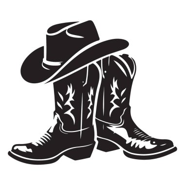 Batılı Kovboy Çizmeleri ve Şapka Silueti Vektör Grafik Tasarımı