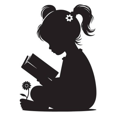 Küçük Bir Kızın Silueti Kitap Okuyan Vektör İllüzyonu