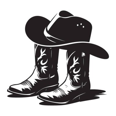 Kovboy Çizmeleri ve Şapka Vektörü İllüstrasyon Batı Biçimli Tasarım Elemanı