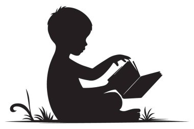 Çimlerin üzerinde huzur içinde kitap okuyan bir çocuğun silueti.