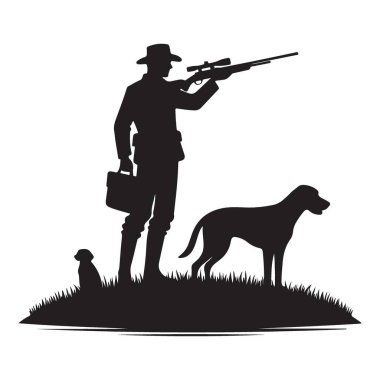 Avcı Silueti ve Tüfek ve Köpek Vektör İllüstrasyonu