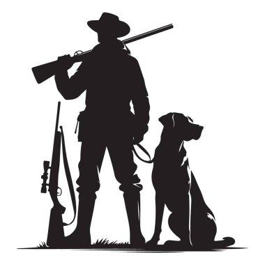 Avcı Silueti Vektör Grafiği Köpek ve Avlanma Tüfekleri