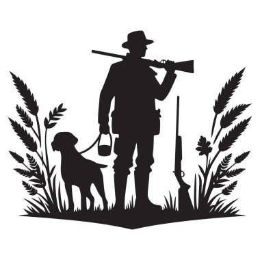 Avcılık Sahnesi Silueti Avcı ve Doğa Ortası Köpek
