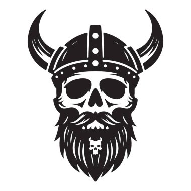 Boynuzlu Miğferli Viking Kafatası ve Sakal Vektörü İllüstrasyon Sanatı