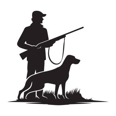 Avlanma sezonu temaları için köpek silueti vektör sanatı ile avcı