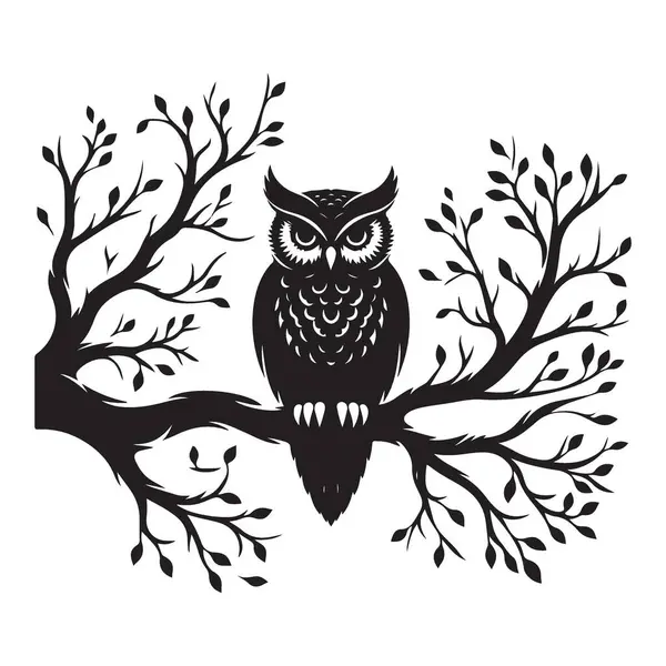 Bilge baykuş, dal silueti doğa vektörü illüstrasyonuna tünedi