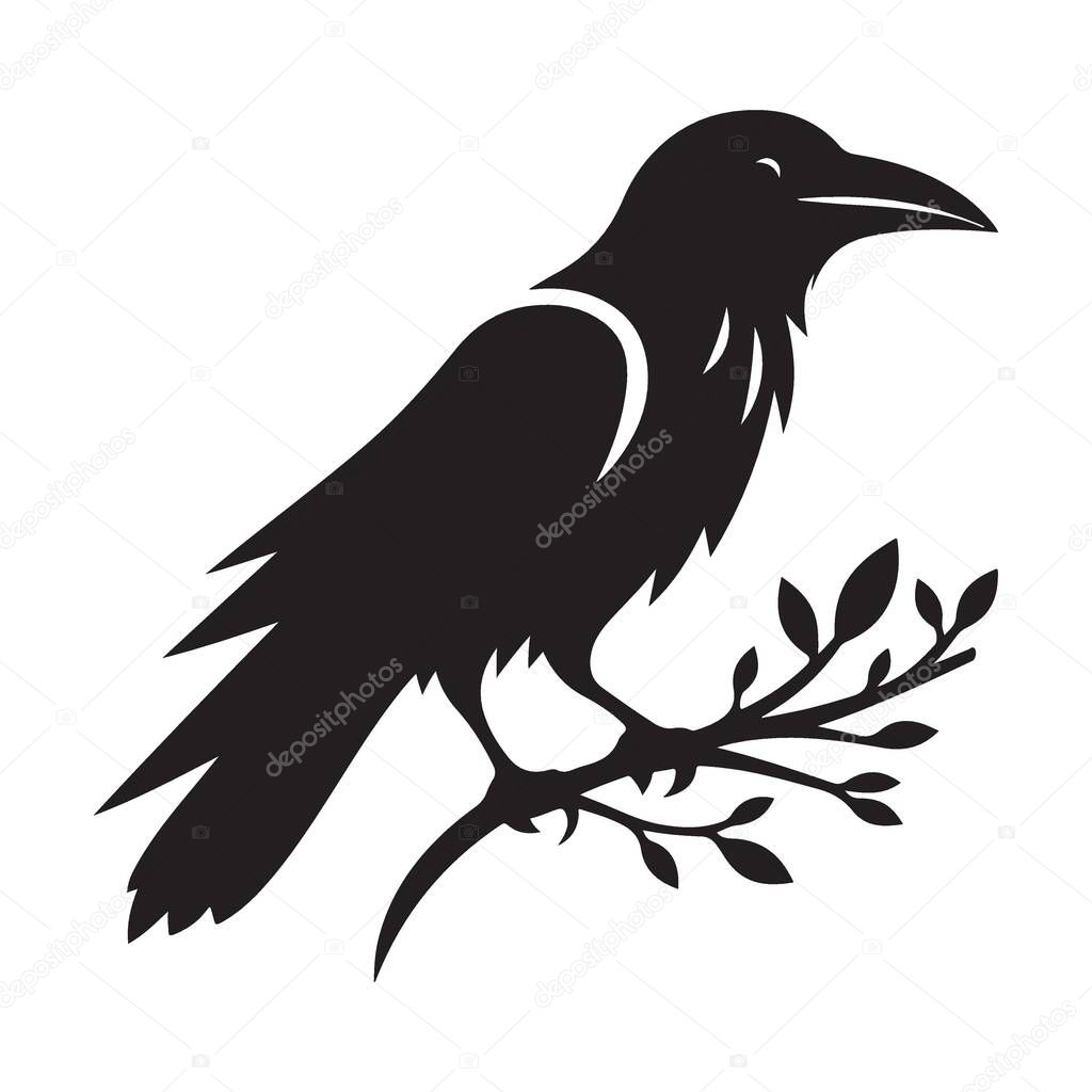 Raven Silhouette Vector Illustration Bird Perched on Branch Design