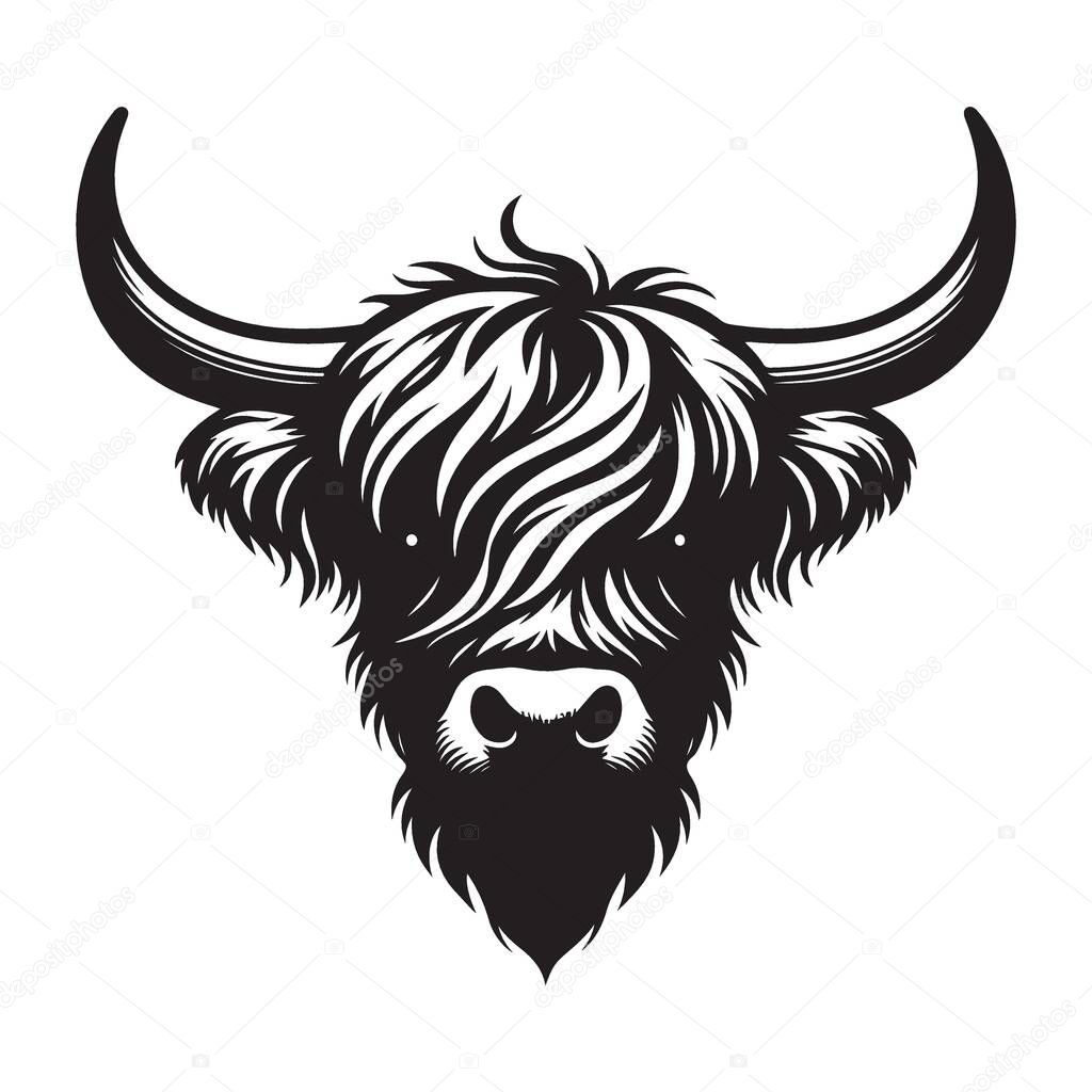 Detailed Highland Cow Head Vector Graphic for Print Marketing