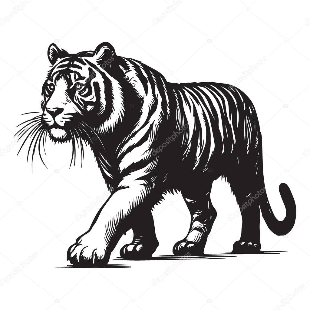 Majestic Tiger Illustration Black and White Vector Art For Print
