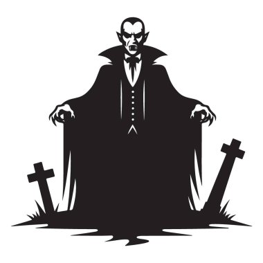 Vampir Silueti Vektör Sanatı Mezarlıkta Mezar Taşlarıyla Duruyor