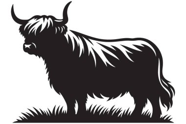 Highland İnek Silueti Grassy Field Çizim Vektöründe Duruyor