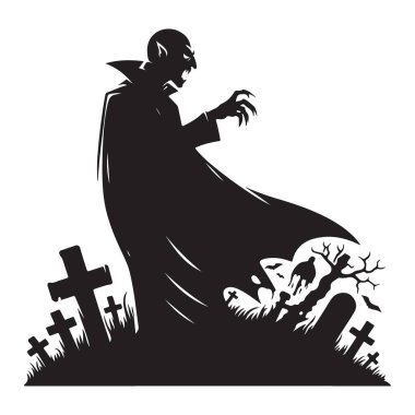 Cadılar Bayramı Grafikleri için Mezarlıkta Ürkütücü Drakula Silueti