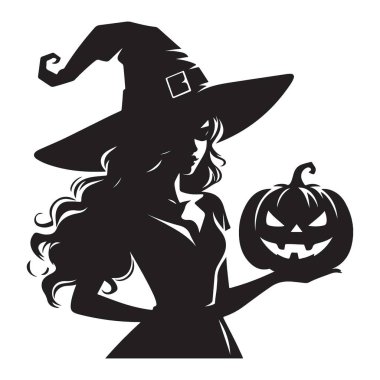 Gizemli Cadı Silueti Çizimi Oyulmuş Balkabağı Tutuyor