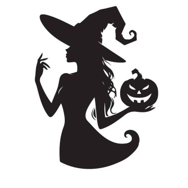 Büyüleyici Cadı Silueti Vektör İllüstrasyonu Cadılar Bayramı Balkabağı Tutuyor