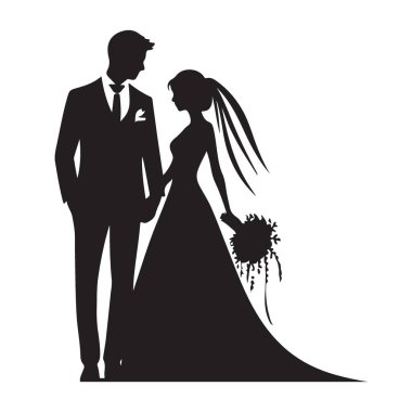 Düğün Tasarımları için Zarif Gelin ve Damat Silueti Vektör İllüstrasyonu