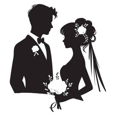 Aşık gelin ve damadın romantik düğün silueti