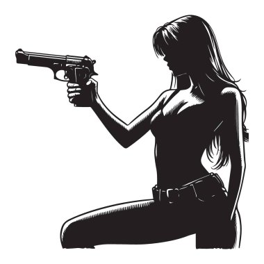 Siluet Kadın Silah Eylemi Kahraman Vektör İllüzyonu