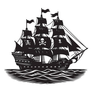 Deniz Fotoğrafı Siyah Siluet Biçiminde Korsan Gemisi Yelkenlisi