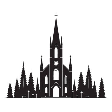 Huzurlu Kilise Silueti Manzarası Serene Dini Tasarımları Çizimi