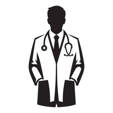 Doktor Siluet Vektör İllüstrasyonu Stetoskop ve Laboratuar Önlüğü ile Duruyor