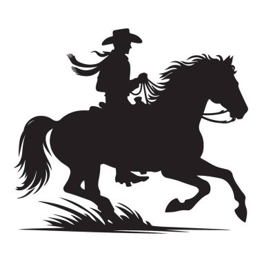 Dört nala koşan Kovboy At Silueti Vektör Çizim Tasarımı