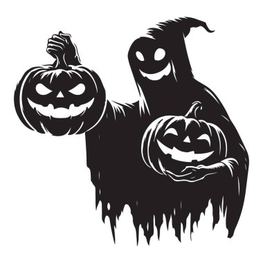 Balkabağı Kutlama Silueti ile Ürkütücü Cadılar Bayramı Hayalet Vektörü